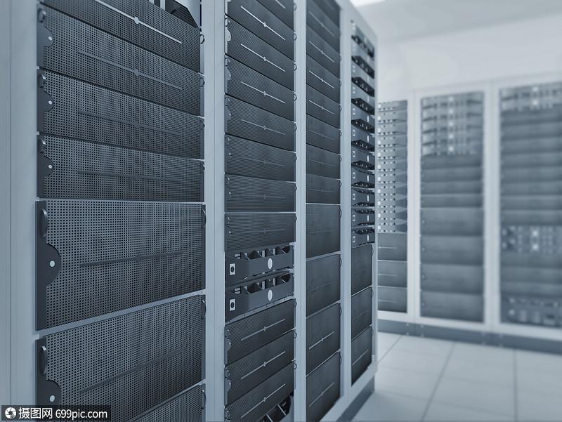 计算机网络服务器机房3d渲染代表互联网托管公司数据中心的